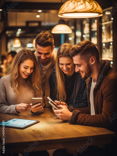 A Photo of a Group of Friends Using a Bill-Splitting App at a Restaurant