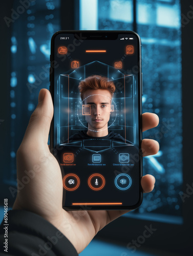 A Photo of a Person Using Facial Recognition Technology for Secure Banking Login on a Smartphone