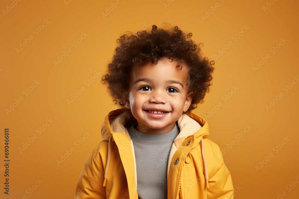 Portrait of happy excited surprised funny African American child kid in jacket and sweater on studio yellow background. Copy paste place for text. Excited, shock, omg wow expression. Portrait of happy excited surprised funny African American child kid in jacket and sweater on studio yellow background. Copy paste place for text. Excited, shock, omg wow expression.