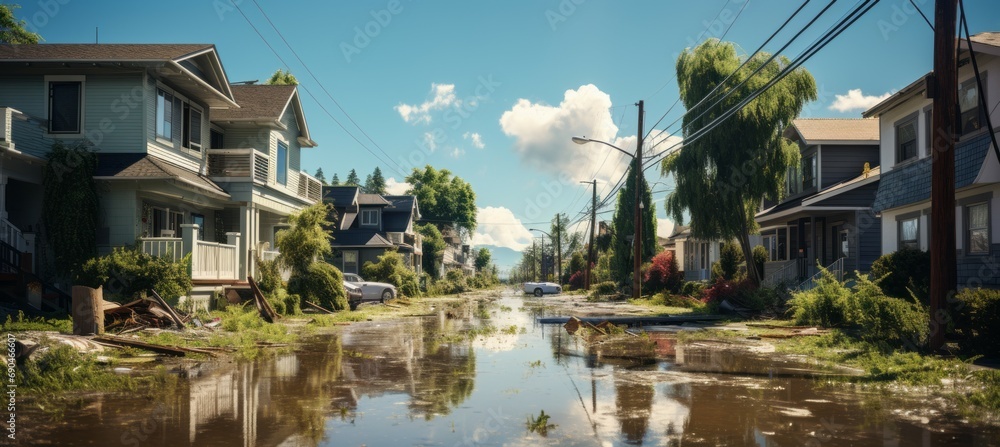 Flooded town. Generative AI technology.
