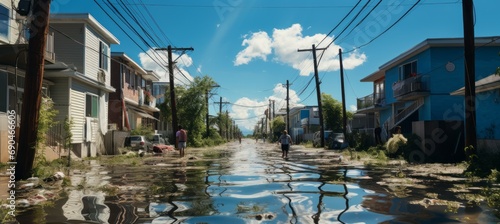 The town flooded after rain storm. Generative AI technology.