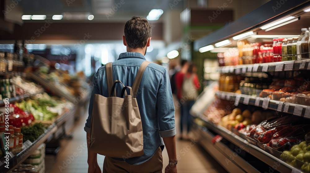 Man shopping in supermarket, man comparing products in a grocery store, advertising banner sale shopping supermarket concept	