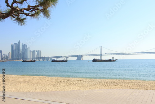Morning View of Gwangalli Beach and the Suspension Bridge, Busan, South Korea