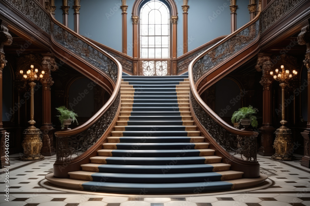 Fototapeta premium interior of stair the palace,Entrance with symmetrical stairs of an abandoned casino. Sunlight shines through the windows and lights the darkness.