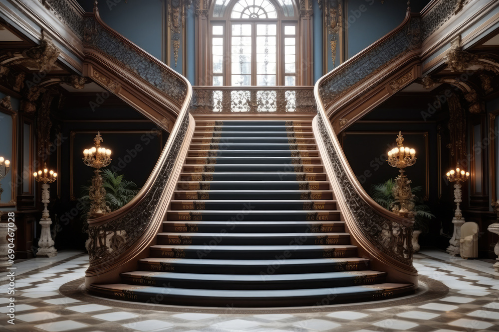 interior of stair the palace,Entrance with symmetrical stairs of an abandoned casino. Sunlight shines through the windows and lights the darkness. interior of stair the palace,Entrance with symmetrical stairs of an abandoned casino. Sunlight shines through the windows and lights the darkness.
