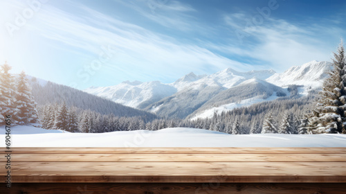 beautiful blue blurred background of winter and shabby table