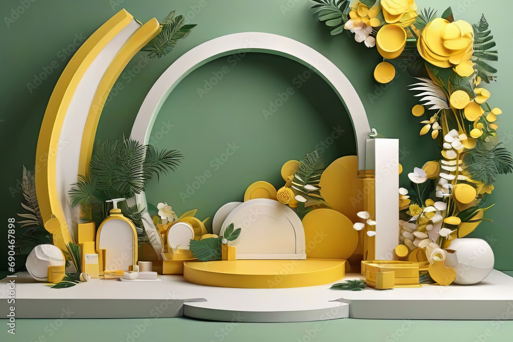 Set of yellow and white 3D background with products podium arch shape and green lea - obrazy, fototapety, plakaty 
