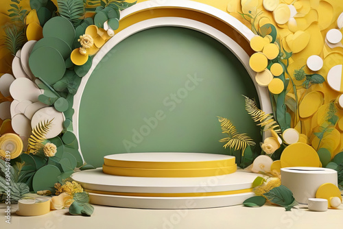 Set of yellow and white 3D background with products podium arch shape and green lea