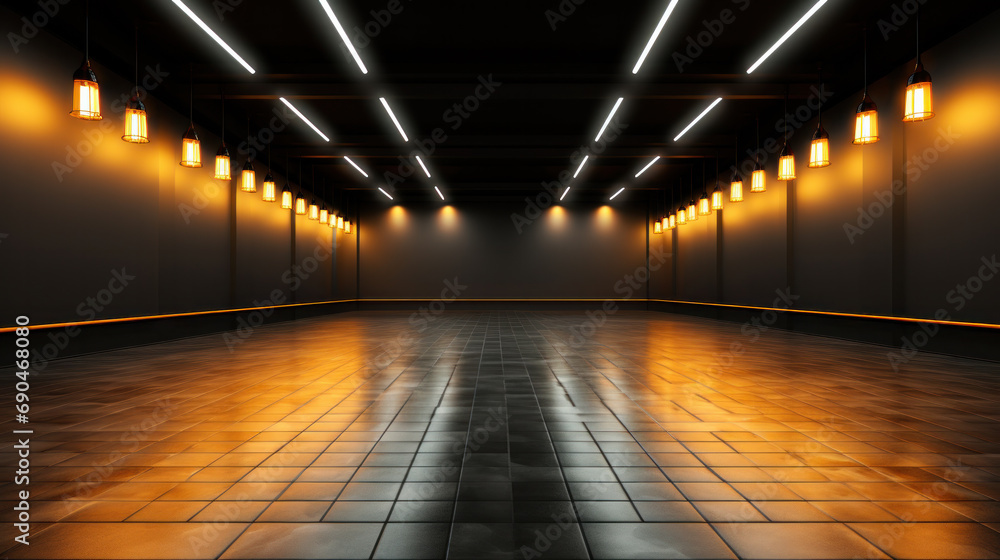 Warehouse for storage of various sci-fi goods and equipment with orange neon lights Warehouse for storage of various sci-fi goods and equipment with orange neon lights
