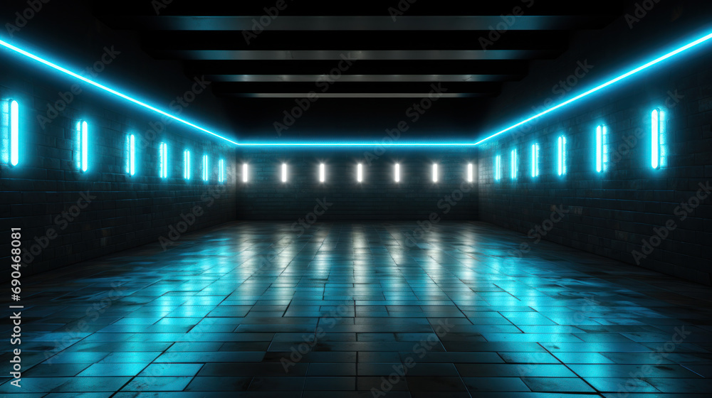 Warehouse for storage of various sci-fi goods and equipment with blue neon lights Warehouse for storage of various sci-fi goods and equipment with blue neon lights
