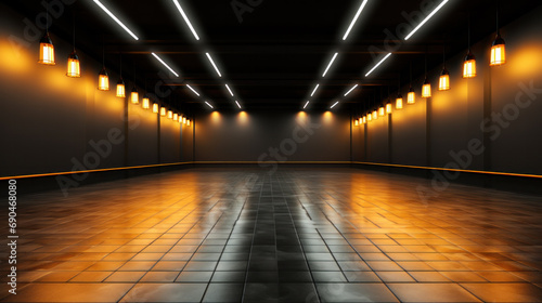Warehouse for storage of various sci-fi goods and equipment with orange neon lights photo