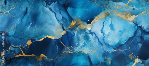 Blue gold marble stone texture background. Generative AI technology.