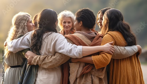  group of women of diverse ages and backgrounds, linking arms in solidarity, in a softly lit, outdoor setting