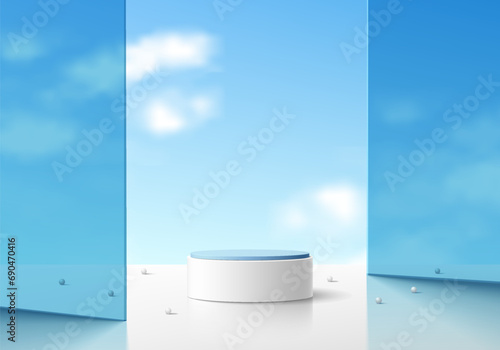 White 3D cylinder podium pedestal background with blue glass partitions and cloud and blue sky scene. Minimal mockup or product display presentation, Stage showcase. Platforms vector geometric design.