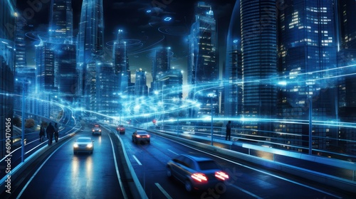 Smart city with views of street lights, electric cars driving on the toll road.