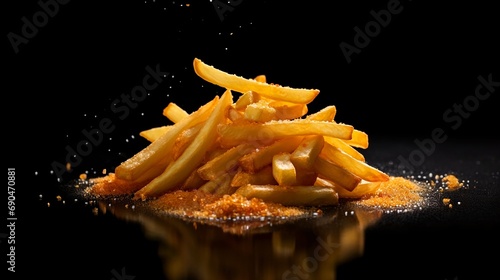 Crispy French Fries With Salt Food Photography Isolated On A Black Background.  Generated with AI.