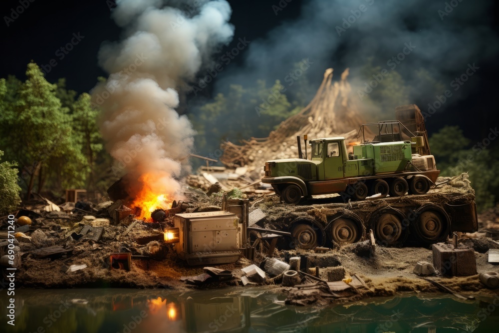 a concept of sustainable waste disposal and reduction: a miniature toy truck on a heap of trash at the trash dump, fire burning.
