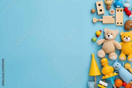 a top vie flat lay background border of children's or pet's toys stuffed animals and miniature cars on a pastel blue background with negative copy space
