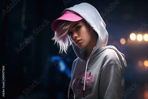 woman pink hat hoodie model league legends short platinum hair tomboy streaming casual photo