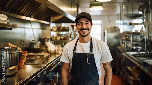 Line Cook Man Wearing Black Apron In Restaurant Kitchen. (Generative AI).