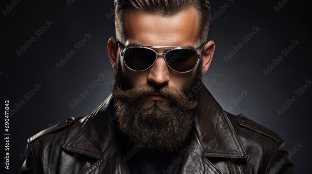 Obraz premium Close-up image of serious brutal bearded man on dark background Confident and dramatic concept