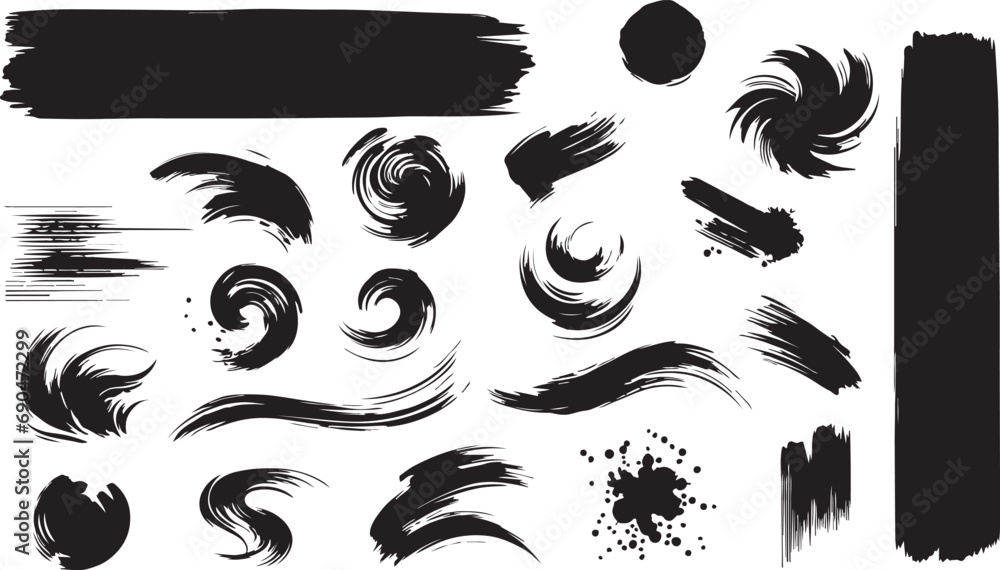 Vector set of sumi brush strokes. Black and white design elements