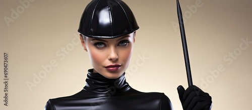Attractive person wearing black latex attire and holding a riding crop.