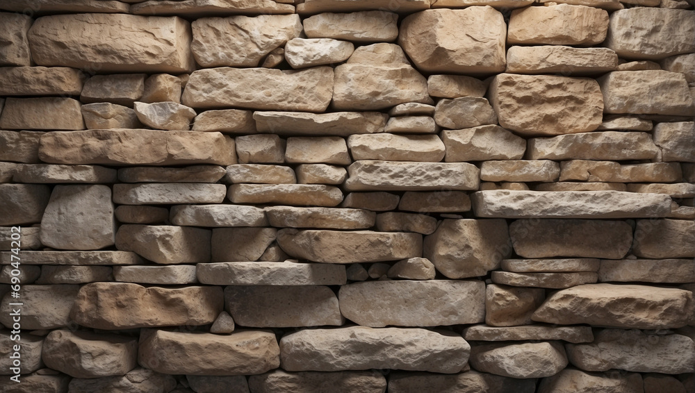 Fototapeta premium Stacked stone wall background Huge boulders stacked on the wall, orange-red brown rocks, rough mountain surface. Granite background Nature, for design.