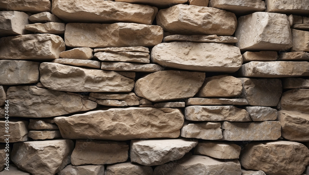 Fototapeta premium Stacked stone wall background Huge boulders stacked on the wall, orange-red brown rocks, rough mountain surface. Granite background Nature, for design.