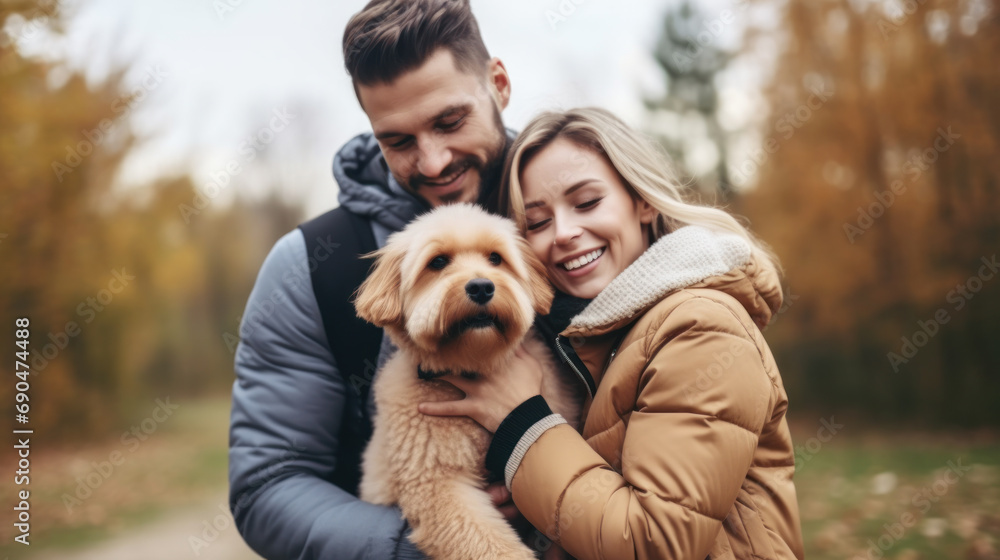 Beautiful couple cuddling and walking dogs outdoors in park Beautiful couple cuddling and walking dogs outdoors in park