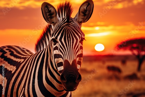 profile of a zebra on a grass plain,Generative AI © dhiyaeddine