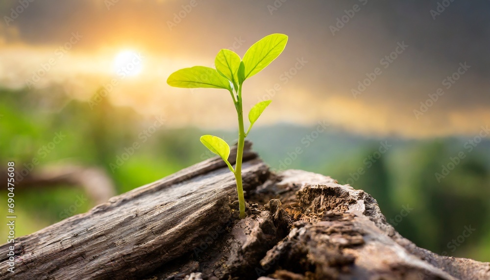 A strong seedling growing in the old dead tree A strong seedling growing in the old dead tree