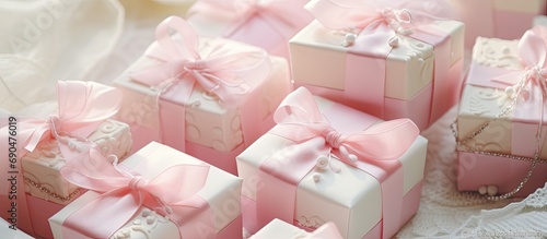 Handmade pink and white soaps, decorated with fabric and ribbon, for guest gifts at various events.