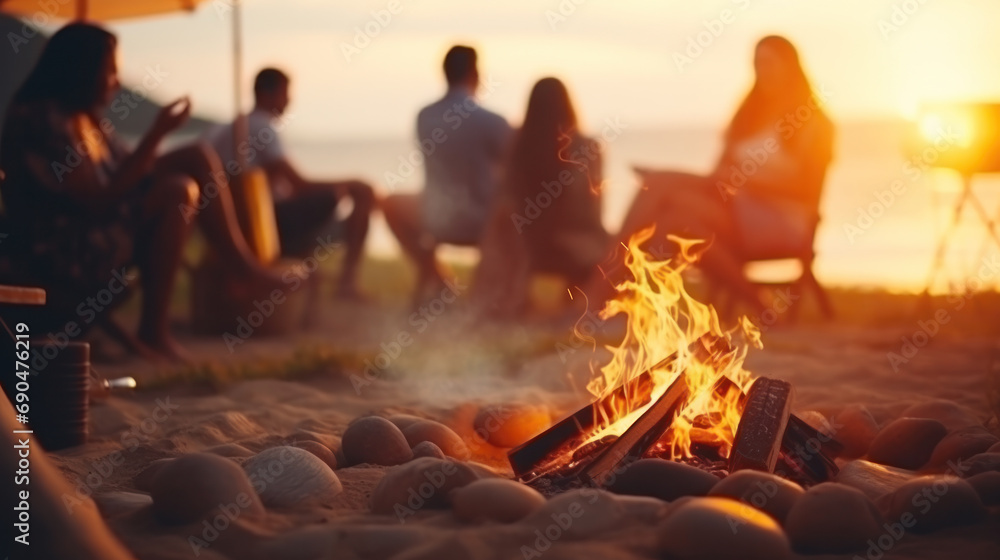 a group of happy young friends relaxing and enjoying summer evening around campfire on the river bank - obrazy, fototapety, plakaty 