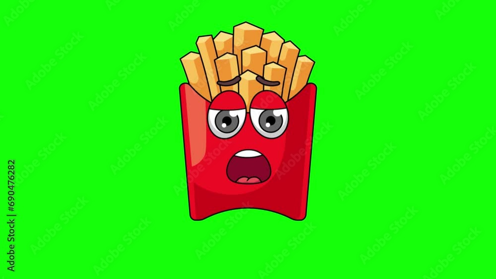 french fries cartoon with relief, exhaustion, or a sigh of disappointment face