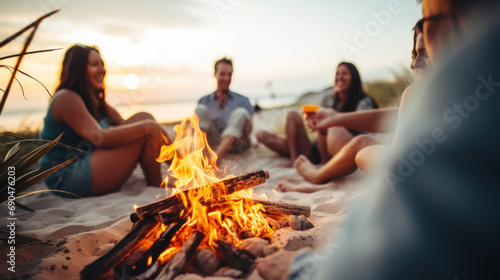 a group of happy young friends relaxing and enjoying summer evening around campfire on the river bank