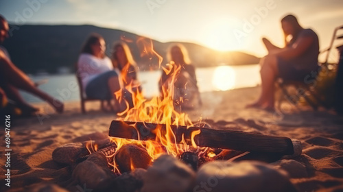 a group of happy young friends relaxing and enjoying summer evening around campfire on the river bank photo