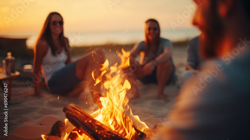 a group of happy young friends relaxing and enjoying summer evening around campfire on the river bank