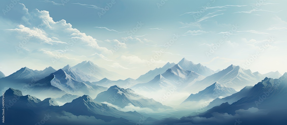 Enigmatic mountain landscape with cloud-capped peaks. Banner style.