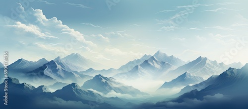 Enigmatic mountain landscape with cloud-capped peaks. Banner style.