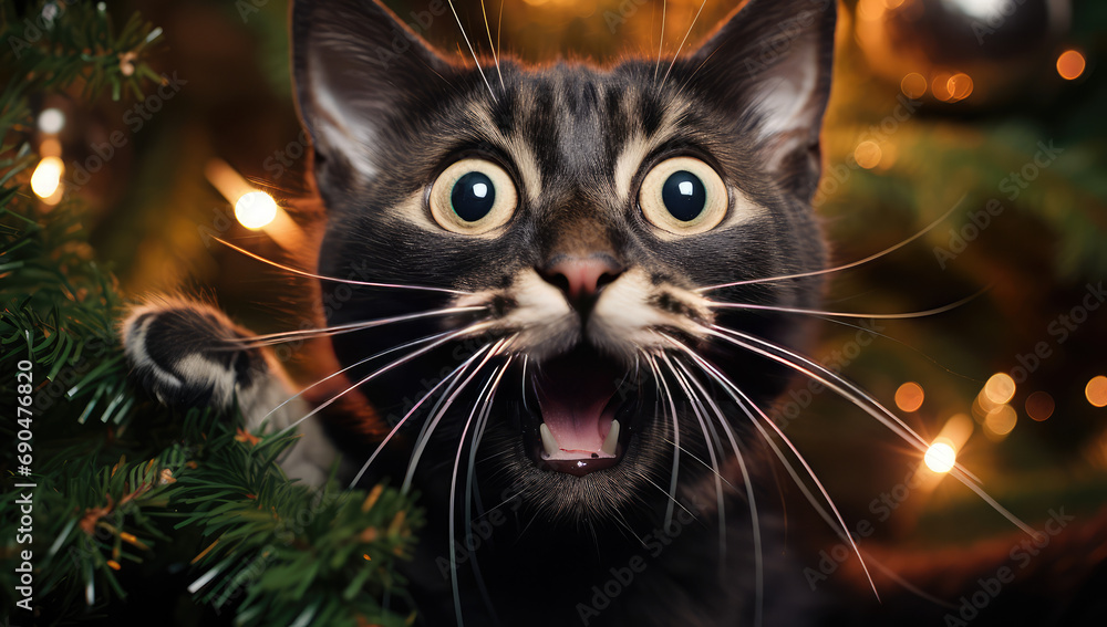 a happy cat with its mouth wide open sitting in front of the christmas tree