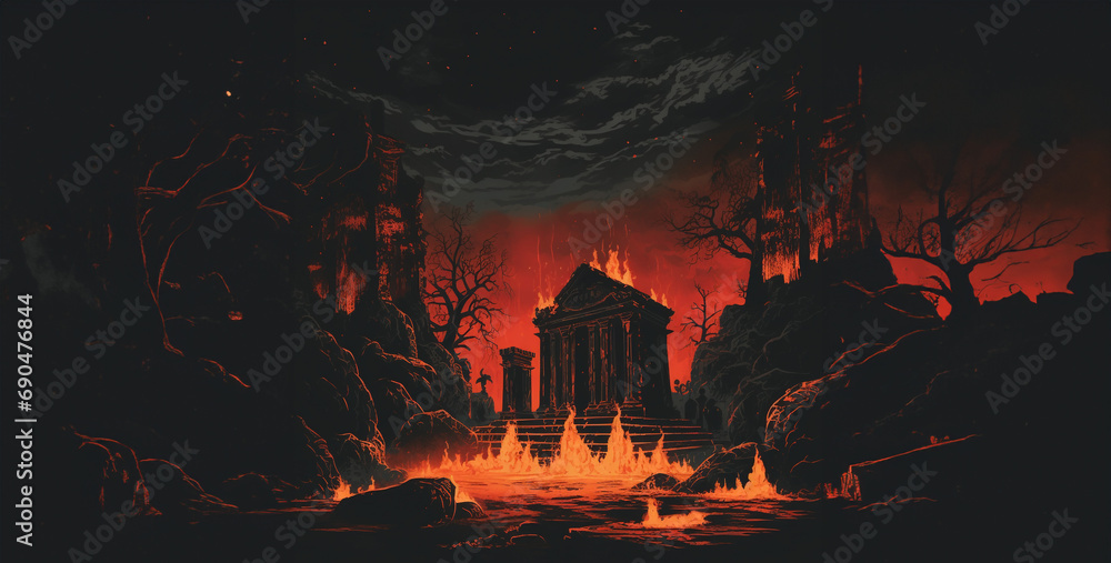 Obraz premium Burning temple with lava and ruins in dark fantasy scene