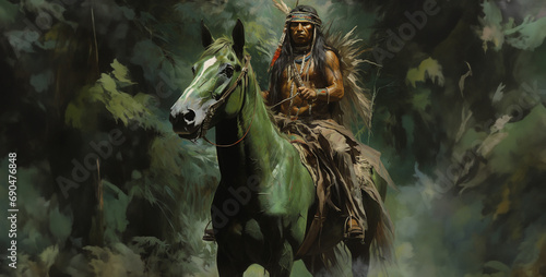 a one-eyed dressed in green on his horse photo