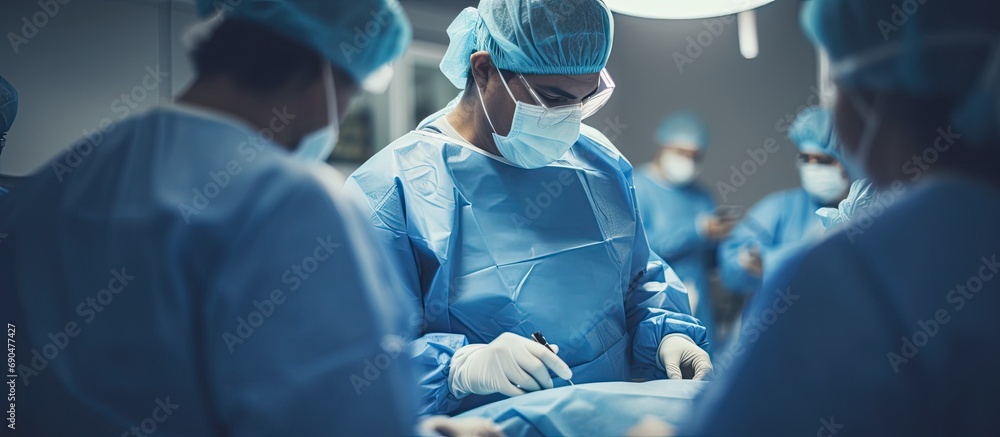 Highly skilled surgeons intensely focused on a challenging procedure in a bright surgical theater. Highly skilled surgeons intensely focused on a challenging procedure in a bright surgical theater.