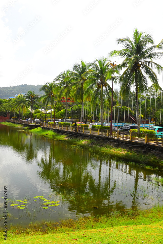 Pond in green park on tropical island. Beautiful nature scenery, place to mind rest. Langkawi, Malaysia - 08.01.2023