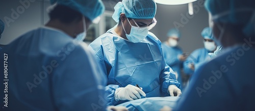 Highly skilled surgeons intensely focused on a challenging procedure in a bright surgical theater.