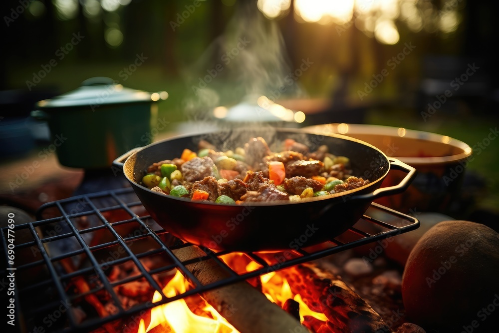 Campfire Cuisine: A sizzling skillet with food cooking over an open campfire at sunset