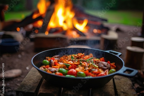 Campfire Cuisine: A sizzling skillet with food cooking over an open campfire at sunset