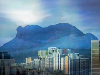Fotobehang Aquarelschilderij wolkenkrabber  Lion Rock boven Hongkong in aquarel  © kilc32
