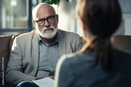 Senior Psychologist with Clipboard Listening to Female Client